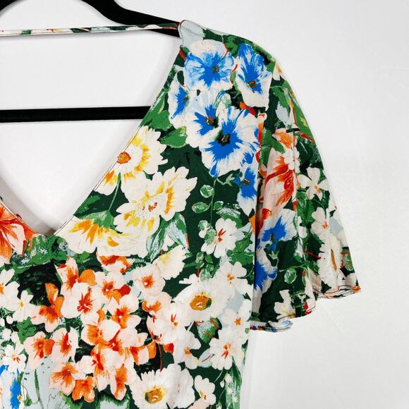Zara Floral Cropped Wrap Side Tie Top Blouse Small S Green Orange Short Sleeve - Picture 10 of 12
